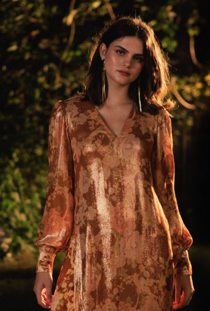 Golden Floral Evening Midi Dress